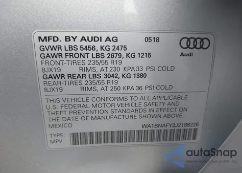 2018 Audi Q5 из США, поврежденный, VIN WA1BNAFY2J2188226